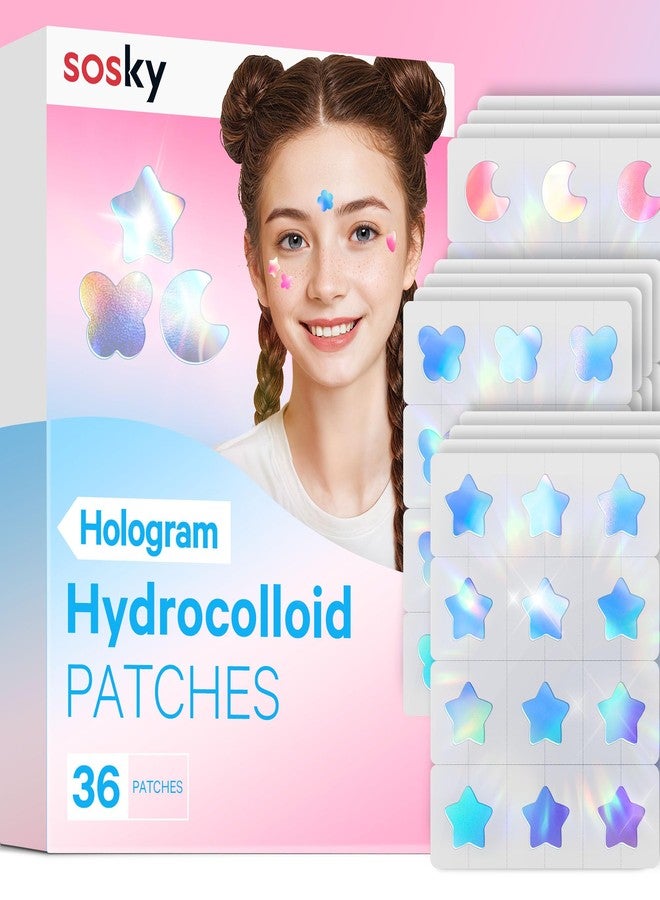 Sosky Hologram Pimple Patches for Face, Hydrocolloid Acne Patches with Salicylic Acid, Cute Star Zit Stickers,Colorful Blemish Covers,36 Count Blue Pink Star Moon Butterfly - Image 1